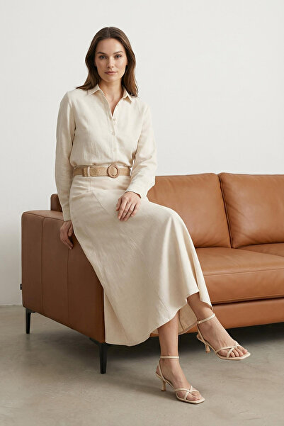 Trendyol Collection Fusta maxi din in, cu detaliu curea bej, lungime maxi, li...