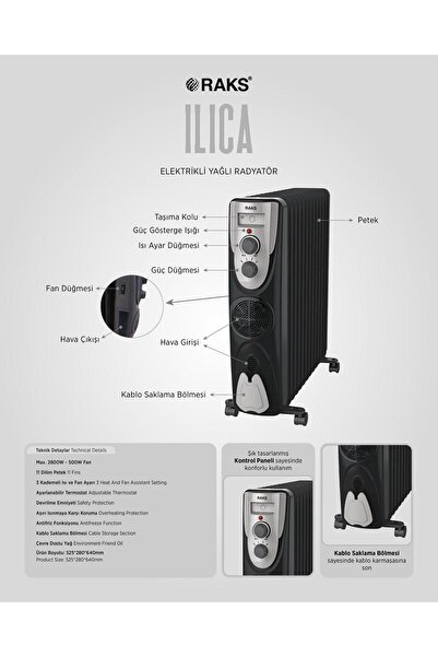 Raks Ilıca 11 Dilim Fanlı Yağlı Radyatör 2800 watt-500 watt Fan Devrilme Emni...