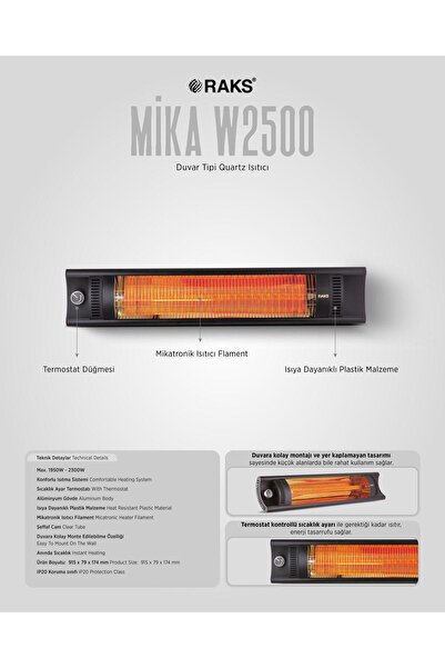 Raks Mika W2500 Duvar Tipi Mikatronik Isıtıcı Termostatlı Aliminyum Gövde