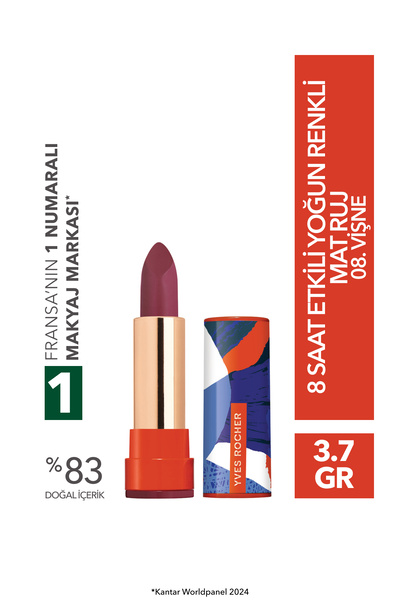 Yves Rocher 8 Saat Etkili Yoğun Renkli Mat Ruj-08. Vişne-3.8g-84657