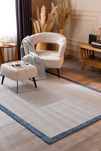 Koza Halı Fresco Ekru Lacivert Iskandinav Yıkanabilir Bordürlü Halı Kilim Bal...