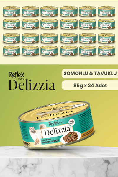 Reflex Plus Delizzia / Sos İçinde Parça Etli Somonlu & Tavuklu Yetişkin Kedi Maması 85g x 24 Adet