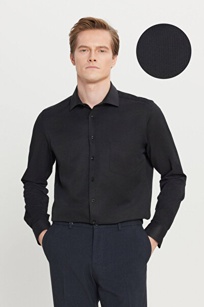 AC&Co / Altınyıldız Classics Erkek Siyah Pamuklu Tailored Slim Fit Dar Kesim Klasik Yaka Armürlü Cepli Gömlek