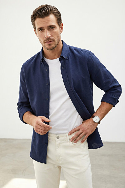 Trendyol Collection Blue Regular Fit Linen Blended Men's Shirt Tmnss25Go00082