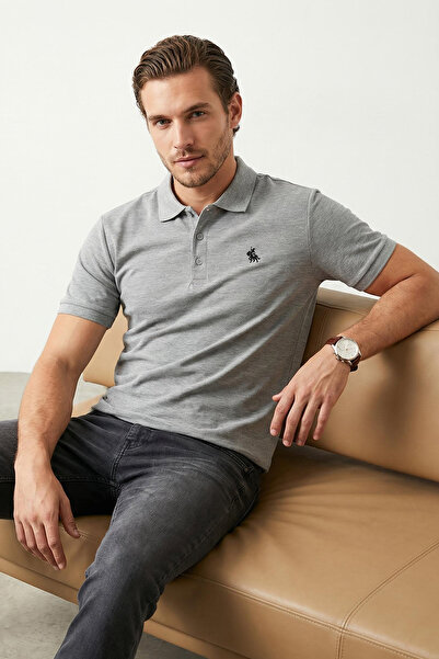 Trendyol Collection Graues T-Shirt mit regulärem/normal geschnittenem Pferdemotiv und Stickerei aus 100 % Baumwolle mit Polokragen TMNSS25PO00017