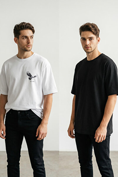 Trendyol Collection Tricou supradimensionat alb-negru, 2 bucăți, cu imprimeu ...