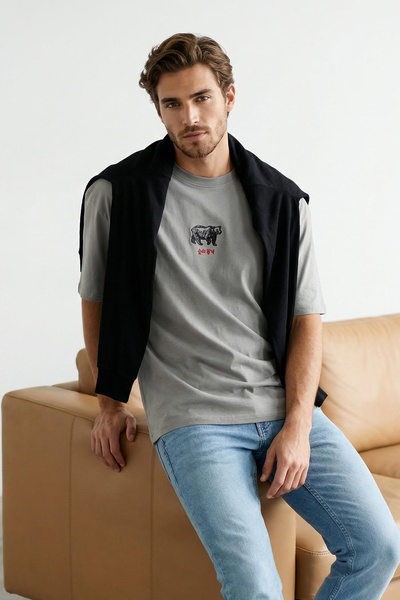 Trendyol Collection Tricou supradimensionat gri cu broderie Orientul Îndepărt...