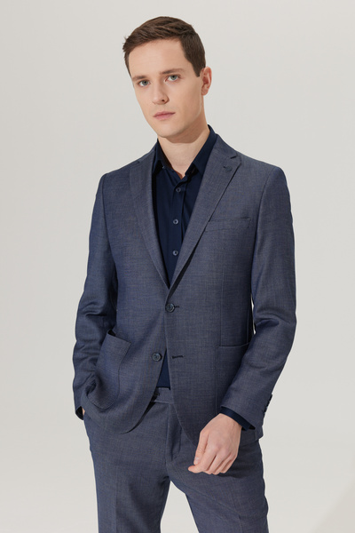 ALTINYILDIZ CLASSICS Erkek Lacivert Slim Fit Dar Kesim Mono Yaka Armürlü Takım Elbise