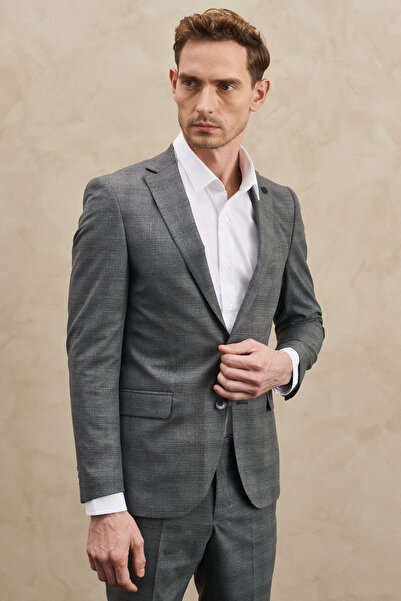 ALTINYILDIZ CLASSICS بدلة مربعات ذات ياقة أحادية وقصة ضيقة جدًا باللون الرمادي للرجال