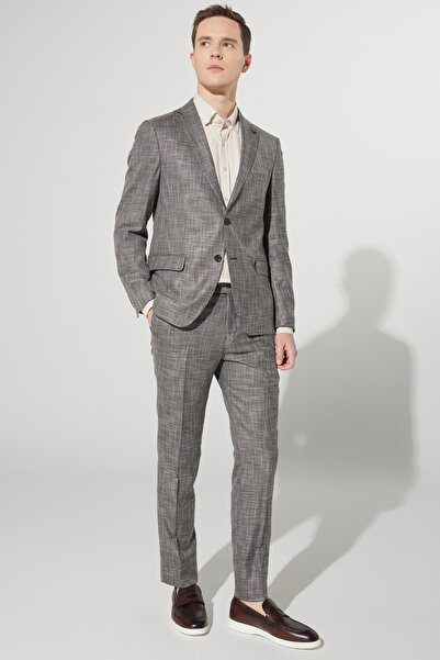 ALTINYILDIZ CLASSICS Men's Brown Slim Fit Slim Fit Mono Collar Patterned Suit