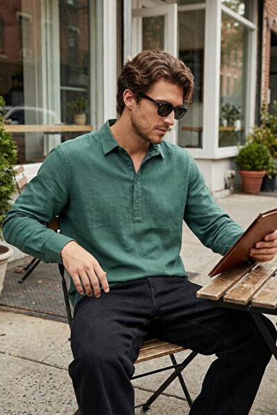 Trendyol Collection Cămașă evazată 100% bumbac, verde închis, cu jumătate de ...