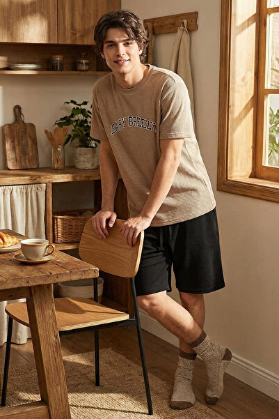 Trendyol Collection Waffelstrick-Nerz-Pyjama-Set mit Slogan-Print und Shorts ...