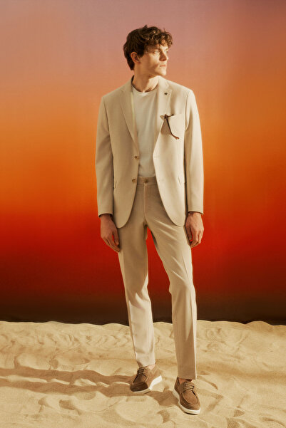 ALTINYILDIZ CLASSICS Men's Beige Slim Fit Slim Fit Mono Collar Seersucker Pat...