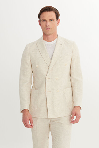 ALTINYILDIZ CLASSICS Men's Beige Linen Slim Fit Slim Fit Swallow Collar Patte...