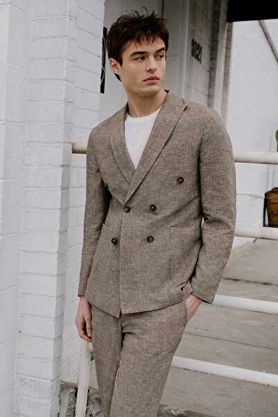 ALTINYILDIZ CLASSICS Sixstar Classics Linen Double Breasted Brown Slimfit Suit