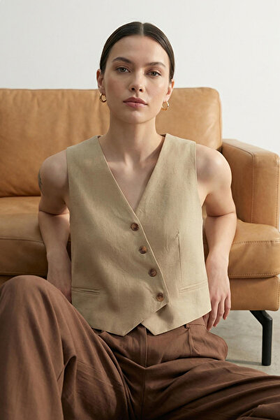 Trendyol Collection Vestă cu aspect de in țesut crop, ediție limitată, bej, T...