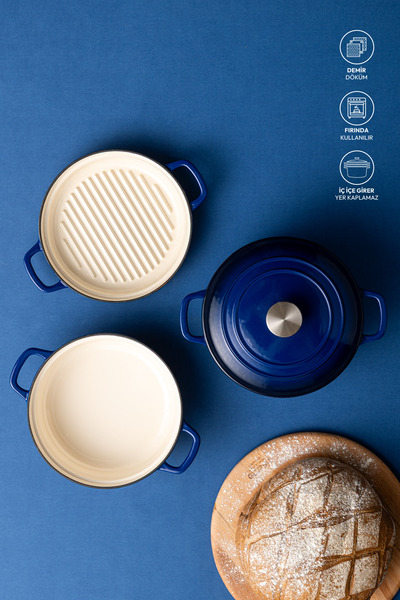 Emsan Fortino Cast Iron Cookware Set Navy Blue 4 Pieces 22 cm