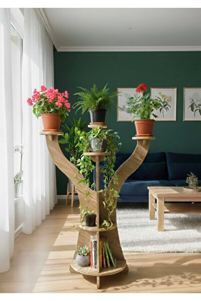 WOODEN MAN Dekoratif Ağaç Formlu Çiçeklik Standı - 4 Bölmeli Saksı Rafı - Mod...