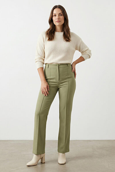 Trendyol Collection Zielone, proste, tkane spodnie ze ściągaczem i wysokim st...