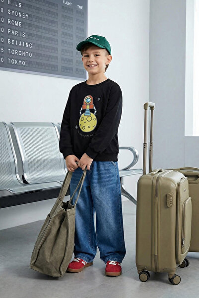 TRENDYOLKIDS Black Boy Transitional -Thin Space Pattern Crew Neck Knitted Swe...