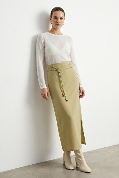 Trendyol Collection Khakifarbener Maxi-Webrock aus Leinenmischung mit seitlic...