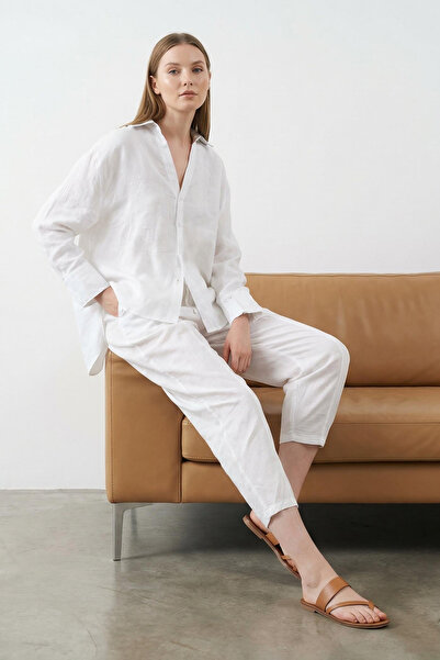 Trendyol Collection White Shirt and Elastic Waist Trousers Linen Look Woven B...