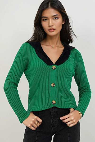 Trend Alaçatı Stili Women's Green Fur Collar Knitwear Cardigan Alc-X14869