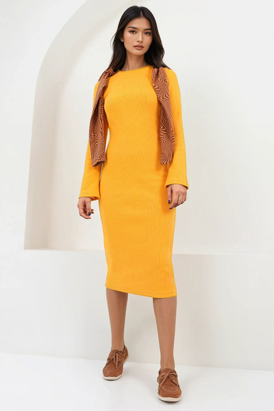 Trend Alaçatı Stili Women's Mustard Yellow Crew Neck Midi Length Knitted Dres...