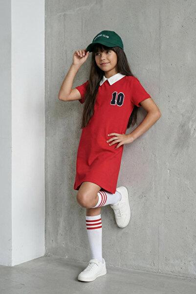 TRENDYOLKIDS Rochie roșie pentru fete, 100% bumbac, brodat, guler de cămașă, ...