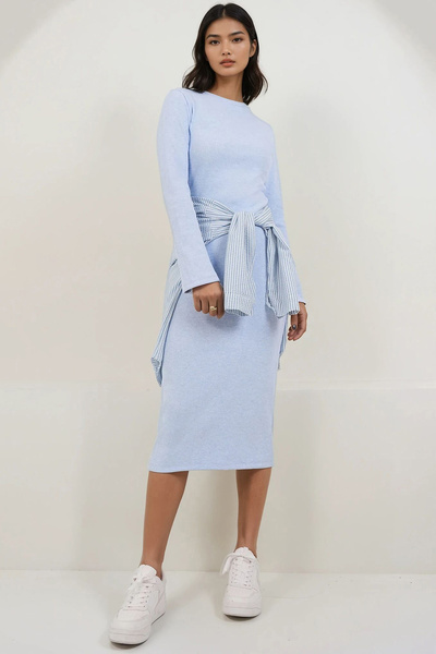 Trend Alaçatı Stili Women's Baby Blue Crew Neck Midi Length Knitted Dress Alc...