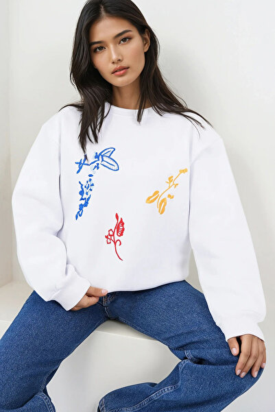 Trend Alaçatı Stili Weißes Damen-Sweatshirt mit Rundhalsausschnitt und bestic...