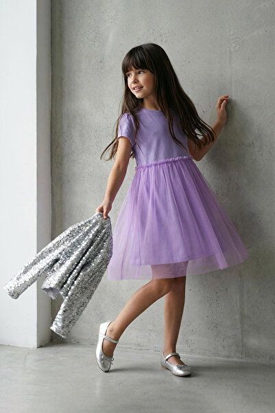 TRENDYOLKIDS Fliederfarbenes Basic-Mini-Tutu-Webkleid für Mädchen aus Baumwol...