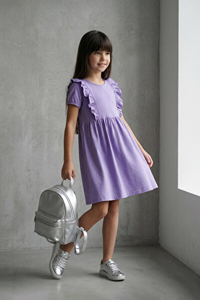 TRENDYOLKIDS Lila Mädchen 100 % Baumwolle gerüschtes kurzärmliges Mini-Weihna...