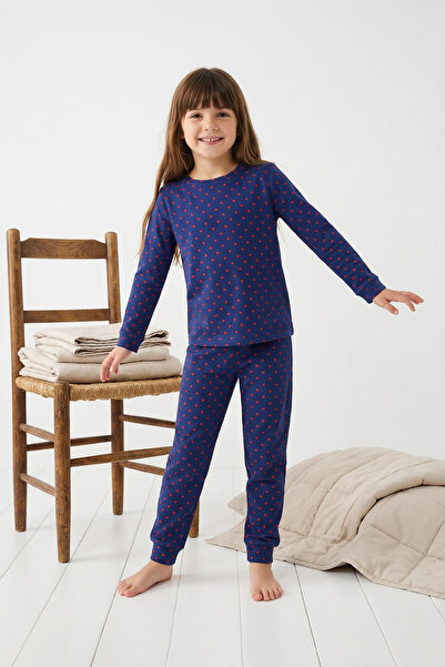 TRENDYOLKIDS Marineblaues Unisex-Pyjama-Set mit Punkten - Gestricktes Unterte...