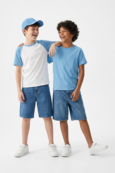 TRENDYOLKIDS Ecru-Blue 2'Li Boys 100% Cotton Color Blocking Short Sleeve Knit...