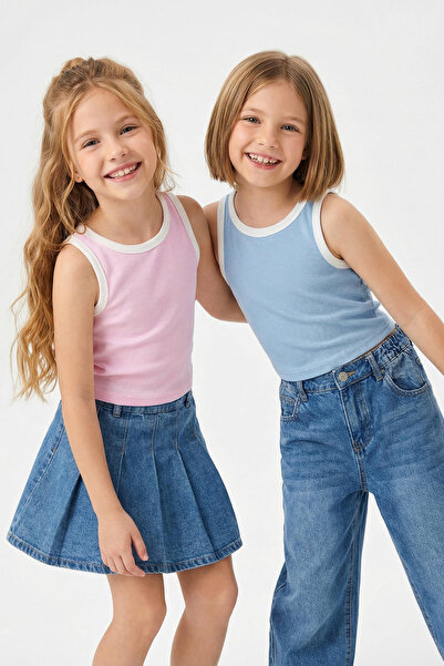 TRENDYOLKIDS Ροζ-Μπλε 2 τεμαχίων Βαμβακερό κοριτσίστικο Βασικό Σωληνάριο Λεπτ...