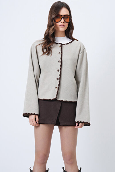 Trend Alaçatı Stili Beigefarbene Damen-Strickjacke mit Rundhalsausschnitt und...