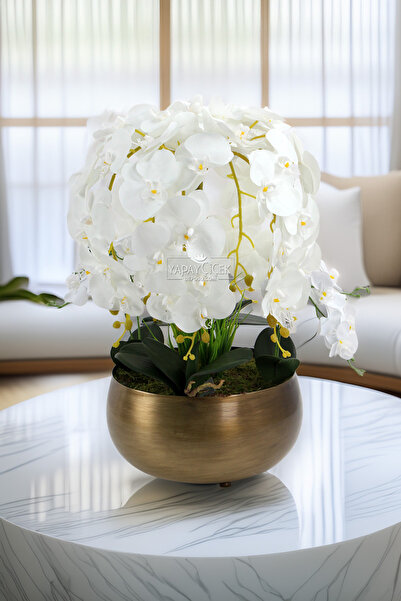 Yapay Çiçek Deposu Metal Bronz Saksıda Lüx 10lu Islak Orkide Beyaz