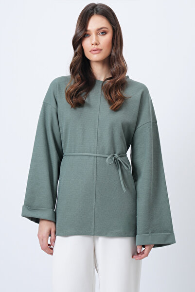 Trend Alaçatı Stili Γυναικεία μπλούζα με λαιμόκοψη χακί με διπλή μανσέτα και ...