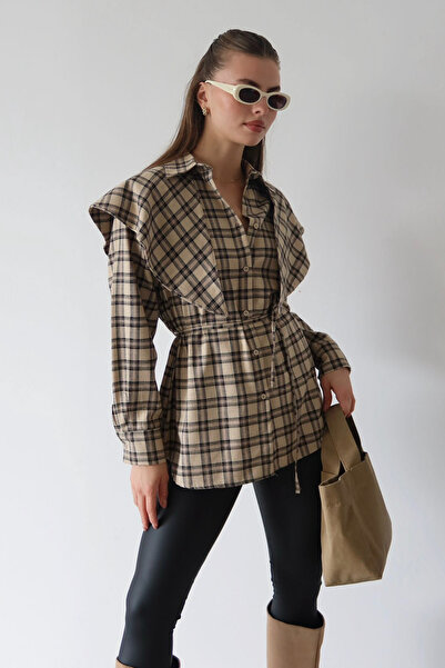 Trendyol Collection Brown Plaid Detachable Shawl Detailed Shirt Twoaw26Go00155