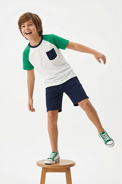 TRENDYOLKIDS Marineblaues, kurzärmliges Strickset aus 100 % Baumwolle für Jun...