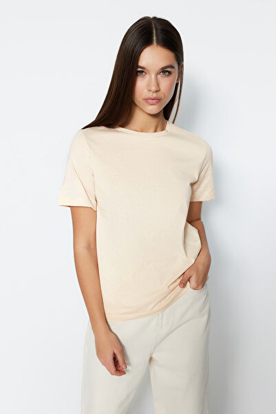 Trendyol Collection Πλεκτό μπλουζάκι ανοιχτό μπεζ 100% βαμβάκι Basic Crew Nec...