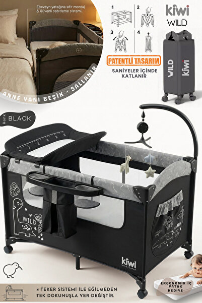 Kiwi WildNest 3in1 Anne Yanı Park Yatak Katlanır Beşik, Tekerlekli, Yan Açılı...