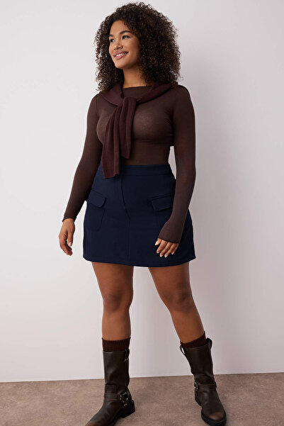 Trendyol Curve Fusta mare, țesută, cu mini buzunare, albastru bleumarin TBBSS...