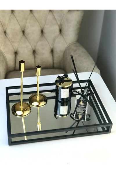 Genel Markalar Siyah Aynalı Tepsi - Dekoratif Tepsi - Siyah Dikdörtgen Profil...