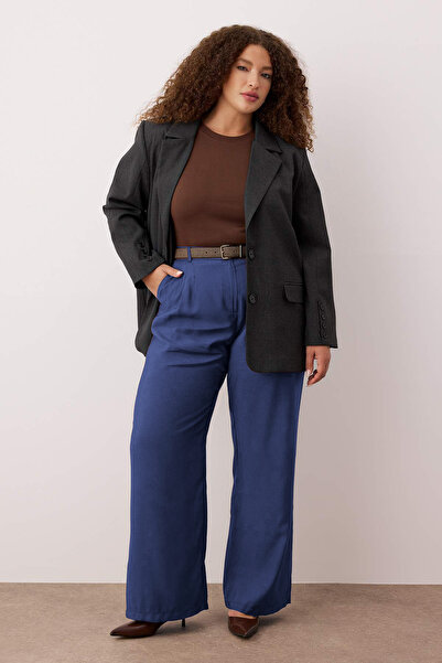 Trendyol Curve Navy Blue Double Pleated High Waist Wide Leg Summer Woven Pant...