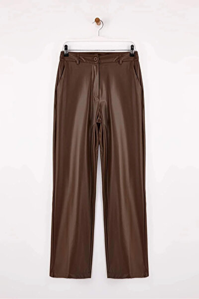 Trendyol Collection Dark Brown Wide Leg Woven Faux Leather Pants Twoss26Pl00010