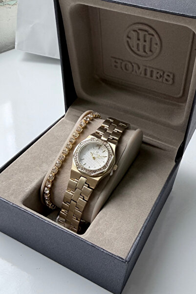 Homies ساعة يد نسائية بعلبة صغيرة مرصعة بالحجارة مع علبة هدايا أصلية وسوار هد...
