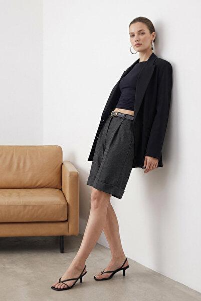 Trendyol Collection Anthracite Mini Crowfoot Pattern Double Leg Fabric Shorts...