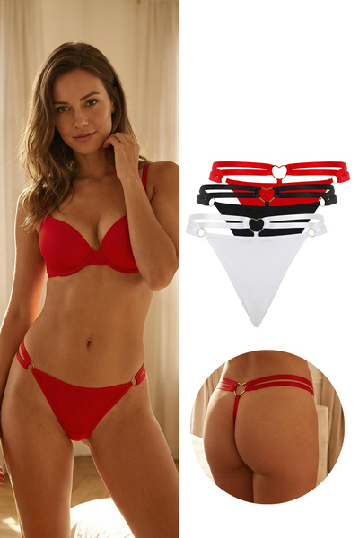 Trendyol Collection Schwarz-Weiß-Rot 3-teiliges Micro-Flat-String-Höschen THM...